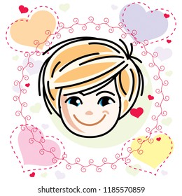 Cute girls face, human head. Vector blonde character, smiling girl face features.