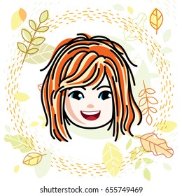 Cute girls face, human head. Vector redhead character, smiling girl face features.