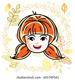 Cute girls face, human head. Vector redhead character, smiling girl face features.