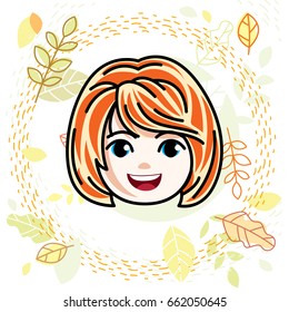 Cute girls face, human head. Vector redhead character, smiling girl face features.