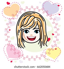 Cute girls face, human head. Vector blonde character, smiling girl face features.