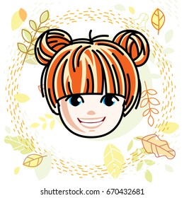 Cute girls face, human head. Vector redhead character, smiling girl face features.