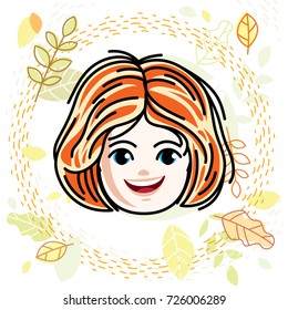 Cute girls face, human head. Vector redhead character, smiling girl face features.