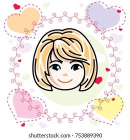 Cute girls face, human head. Vector blonde character, smiling girl face features.