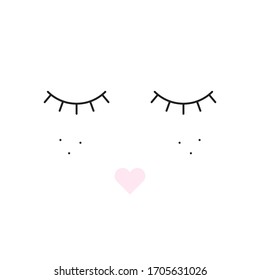 Cute girls face with long lashes, freckles and pink lips in the shape of the heart. Vector illustration.