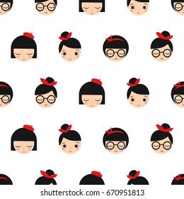 Cute girls faces seamless pattern on white background. Trendy design for textile, card, poster, print, decor, fabric.