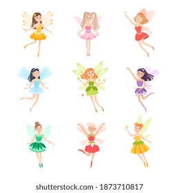 Cute Girls Fairies with Wings Set, Lovely Winged Elves Princesses in Fancy Dress Cartoon Style Vector Illustration