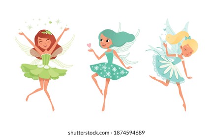 Cute Girls Fairies with Wings Set, Beautiful Girls Flying in Pretty Flower Dresses of Pastel Colors Cartoon Vector Illustration