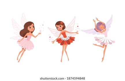 Cute Girls Fairies with Wings Set, Lovely Girls Flying in Colorful Pretty Flower Dresses Cartoon Vector Illustration