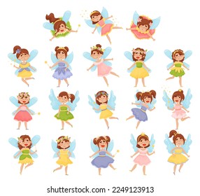 Cute Girls Fairy Flying with Wings and Magic Wand Big Vector Set