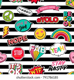 Cute girls fashion patches seamless pattern with striped background