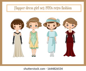 cute girls with Flapper dress set, 1920s retro fashion collection cartoon