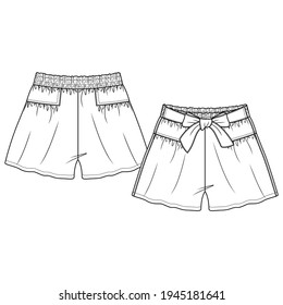 Cute Girls Flare Shorts with front bow fashion flat sketch template. Kids Technical Fashion Illustration. Covered Elastic waist. Cut and sew with shirring details 