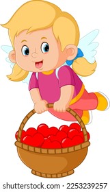 cute girls flew and brought a big basket filled with lots of red valentine hearts of illustration