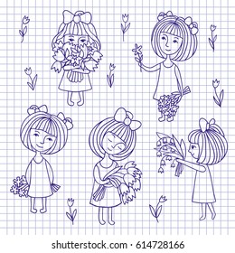 Cute girls with flowers on a notebook sheet. Vector illustration of hand-drawn style sketch.