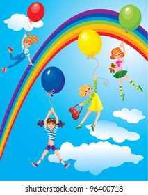 cute girls flying away on balloons on sky background with rainbow