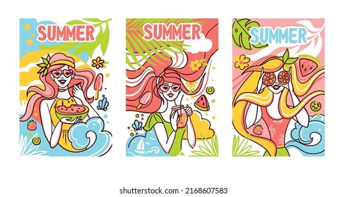 Cute girls with fruits on the beach. Hello summer. Summer illustration.