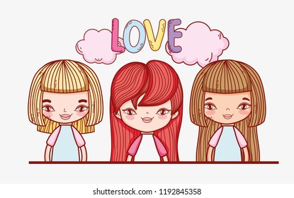 cute girls with hairstyle and clouds with love message
