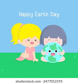 Cute girls happy earth day in Children Style Cartoon illustration