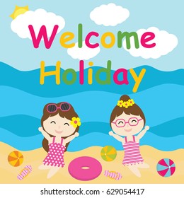 Cute girls are happy on holiday vector cartoon, Summer postcard, wallpaper, and greeting card, T-shirt design for kids