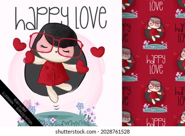 Cute girls happy valentines seamless pattern: can be used for cards, invitations, baby shower, posters; with white isolated background
