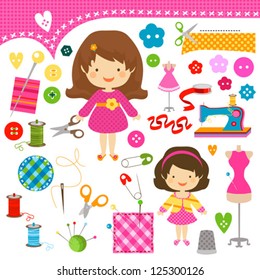 cute girls having fun sewing