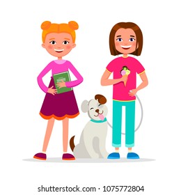 Cute girls having fun standing together vector cartoon characters isolated on white background. School Girl friendship concept flat illustration. Girls friends walking the dog, smiling.