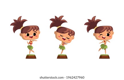 Cute Girls Hawaiian Dancers Set, Funny Child Girl in Traditional Hawaiian Costume Dancing Hula Vector Illustration