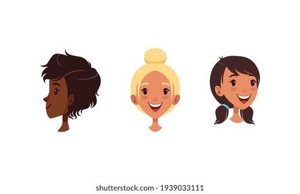 Cute Girls Head in Different Views and Hairstyle Set, Joyful Girl in Front, Profile Side, Three Quarter View Cartoon Vector Illustration