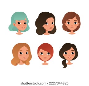 Cute girls heads with different hair color and haircuts set. Teenage girls avatars cartoon vector illustration