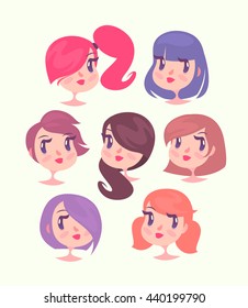 Cute girls heads with different haircuts. Vector cartoon characters.