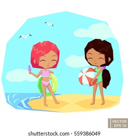 Cute Girls holding ball inflatable ring and ice cream. Playing summer beach vacation sand and sea. cartoon vector illustration eps10