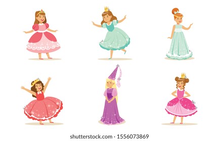 Cute girls in the image of princesses. Vector illustration