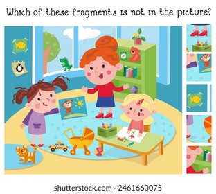 Cute girls in kindergarten. Find hidden fragments. Game for children. Cartoon characters. Vector illustration.