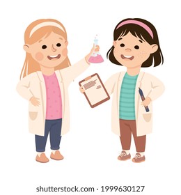 Cute Girls In Lab Coats Having Chemistry Lesson, Elementary School Students At Learning Process, Kids Education Concept Cartoon Vector Illustration