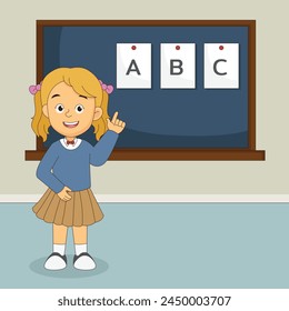 Cute Girls Learning Alphabet, Elementary School Student Standing at Blackboard