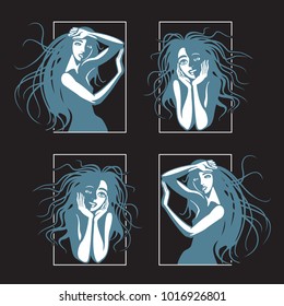 Cute girls with long hair. Pretty women with fluttering hairstyles. Vector illustration, sketch, hand drawn graphic lines pictures.