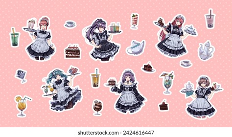 Cute girls in maid cafe uniforms crop body color vector characters set. Anime women holding desserts and drinks on trays on pink background