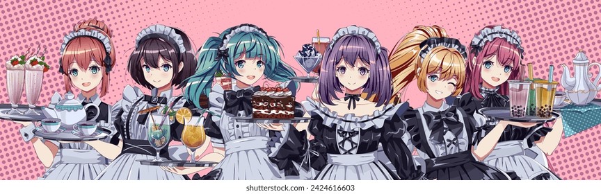 Cute girls in maid cafe uniforms crop body color vector characters set. Anime women holding desserts and drinks on pink background