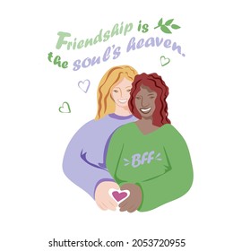 Cute girls make heart with their hand. Pretty hair design. Happy friendship concept. Flat vector illustration isolated.
