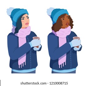 Cute girls in mittens and scarf looks to the side, holding a cup of coffee, cacao, tea. Vector cartoon flat style illustration isolated from the white background.