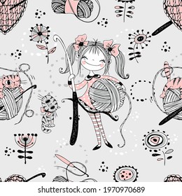 Cute girls needlewomen crochet knitters. Seamless pattern.Vektoryu