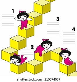 Cute girls on stairs note pad illustration set