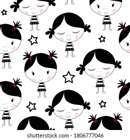 cute girls on white background seamless pattern