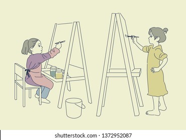 Cute girls are painting on the easel. hand drawn style vector design illustrations. 