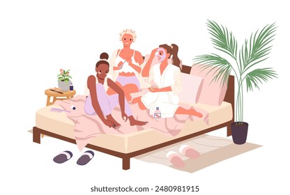 Chicas lindas en pijama haciendo máscara facial, manicura y pedicura mientras se sienta en la alfombra y almohadas de dibujos animados. Procedimientos de belleza para chicas en despedida de soltera, pijamada de mejores amigas