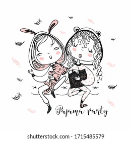 Cute girls in pajamas have fun at a pajama party. Vector