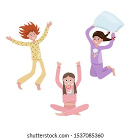 Cute girls in pajamas on a white background. Characters on the theme of a children's party in pajamas. Cheerful girls jump and throw pillows