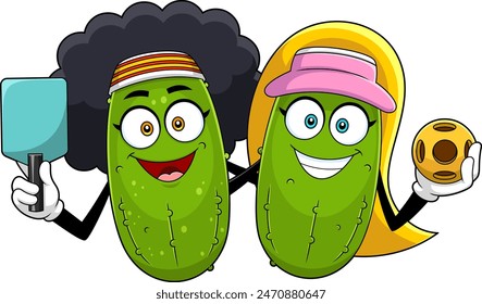 Cute Girls Pickleball Players Cartoon Characters. Vector Hand Drawn Illustration Isolated On Transparent Background