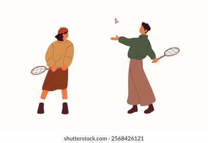 Cute girls play badminton during autumn walk. Happy friends have fun with racket game with shuttlecock. People with racquets training together. Flat isolated vector illustration on white background